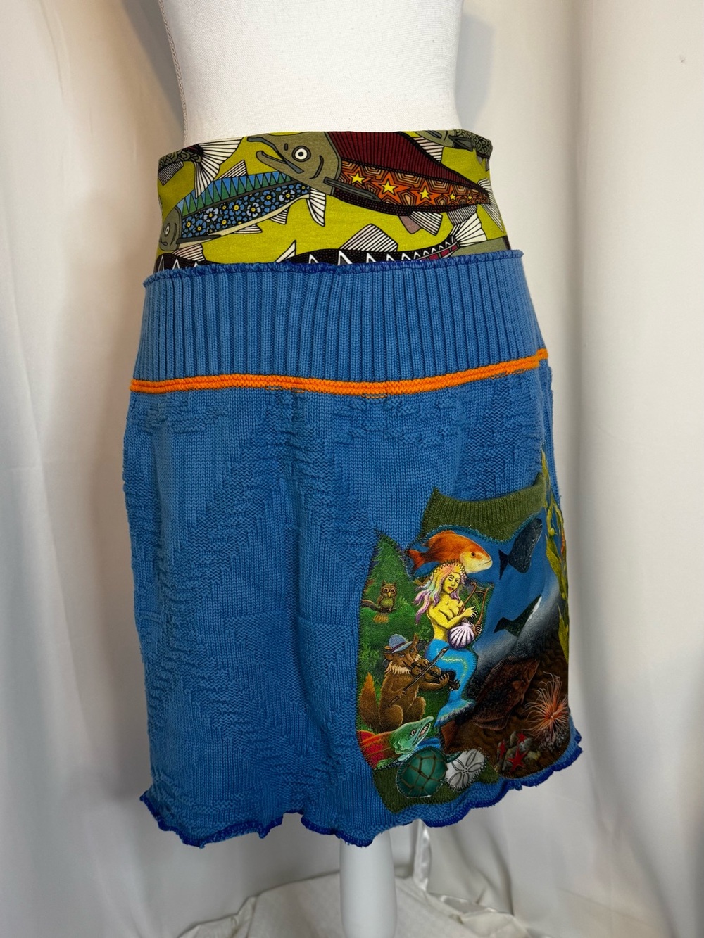 Art to Wear Blue Knit Fish Mermaid Ocean Patchwork Skirt 33” Waist